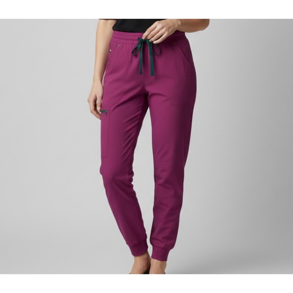 FIGS Women's Track Jogger Pants in Magenta with Dark Green Drawstring